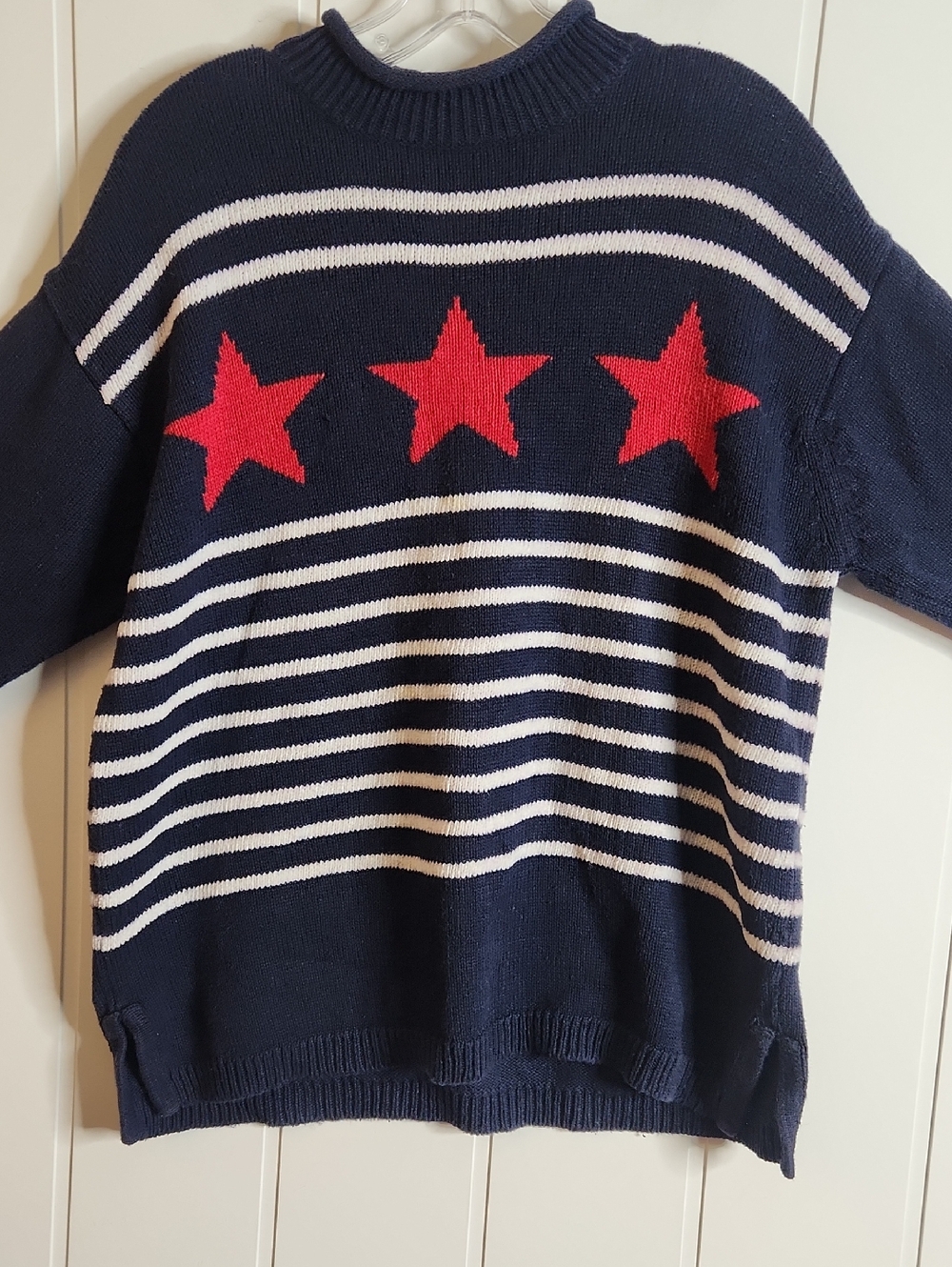 Vintage Navy Striped Star Knit Sweater - Red & White Stars Americana Preppy